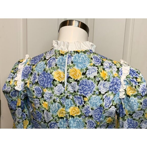 Batsheva Blue Floral Ruffle Puff Sleeve Cropped Top, Size 8 - Picture 6 of 8